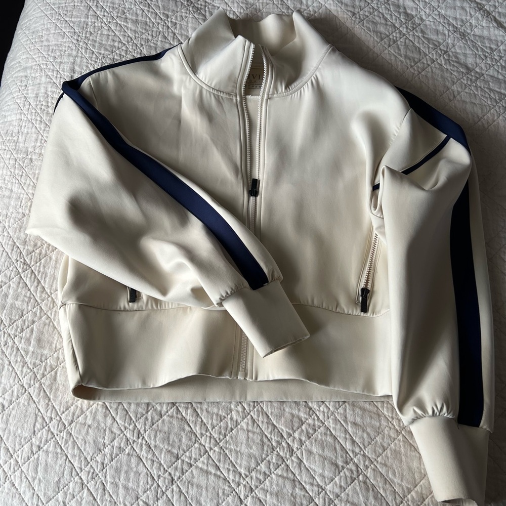 Cropped Cream Bomber Jacket with Navy Stripe